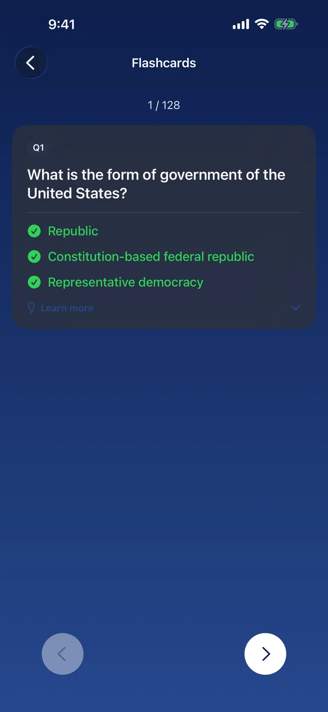 Flashcard showing a civics question with its official answers revealed