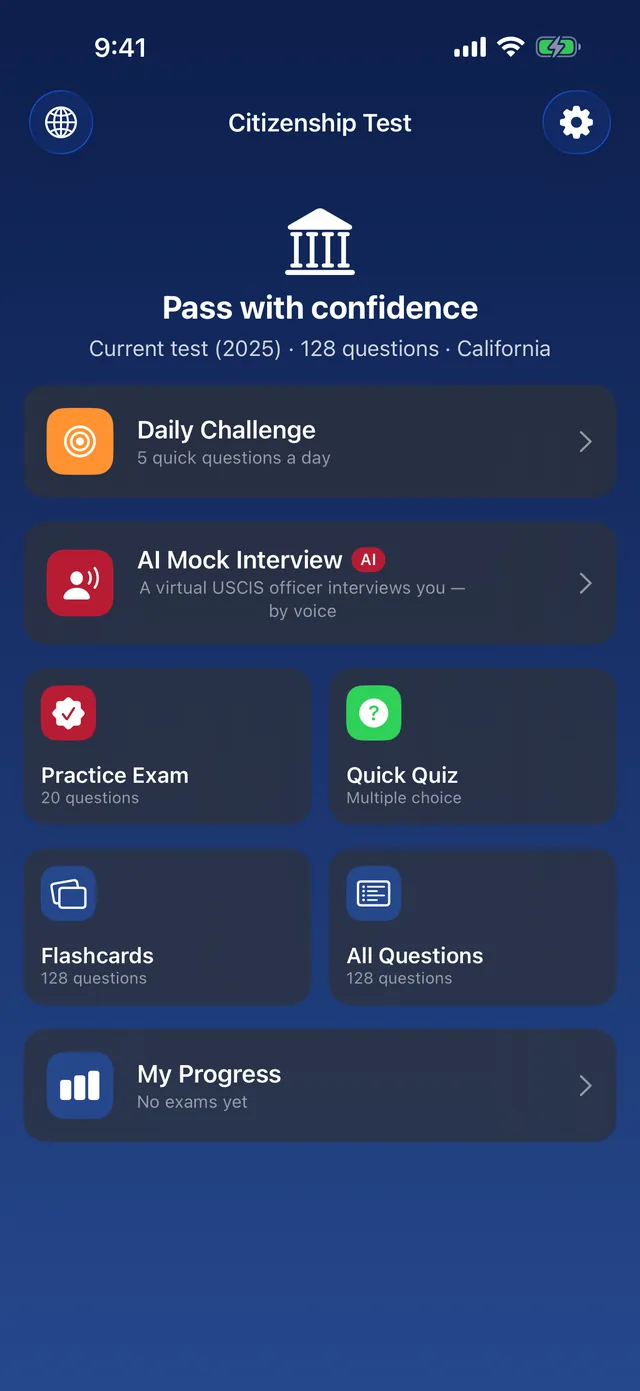 CitizenPrep home screen: daily challenge, AI mock interview, practice exam, quick quiz, flashcards, all questions and progress, set to the 2025 test and California