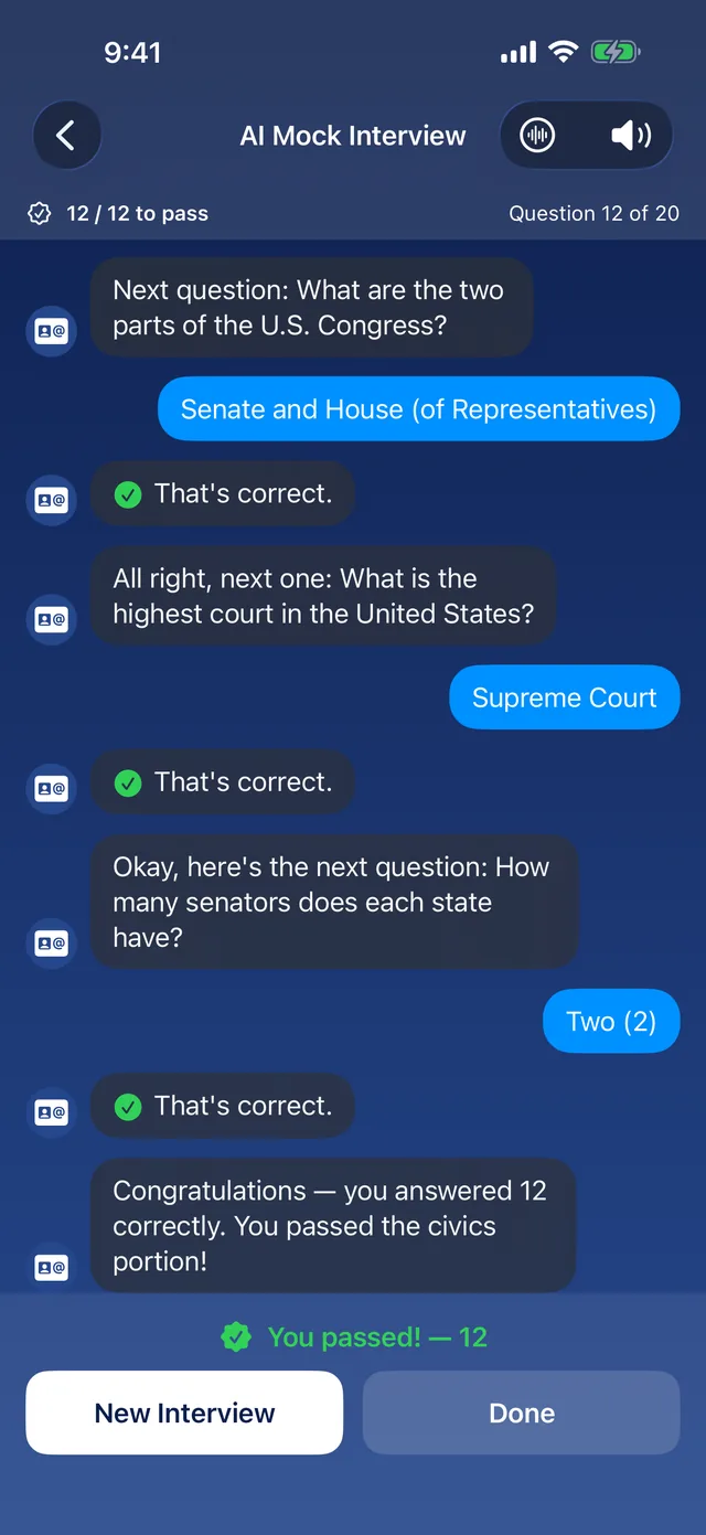 AI mock interview: the virtual officer asks civics questions, the applicant answers, each correct answer gets a green check, and the officer announces You passed with 12 correct answers