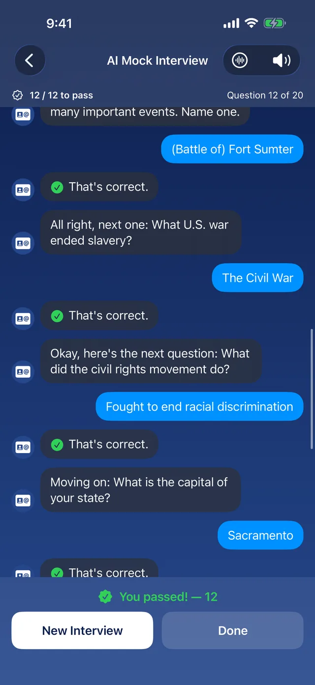 The AI officer grading answers during a practice civics interview, including the state-specific question about your state capital (Sacramento, California)